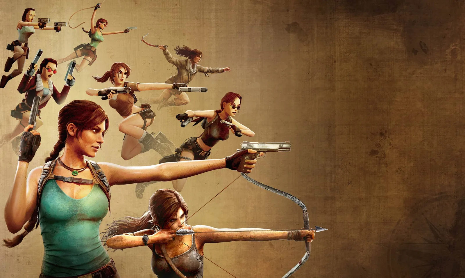 Illustration officielle : plusieurs Lara Croft de différentes époques, sur un fond de parchemin, du personnage anguleux des premiers jeux, pistolets aux poings, à une Lara qui tend un arc au premier plan