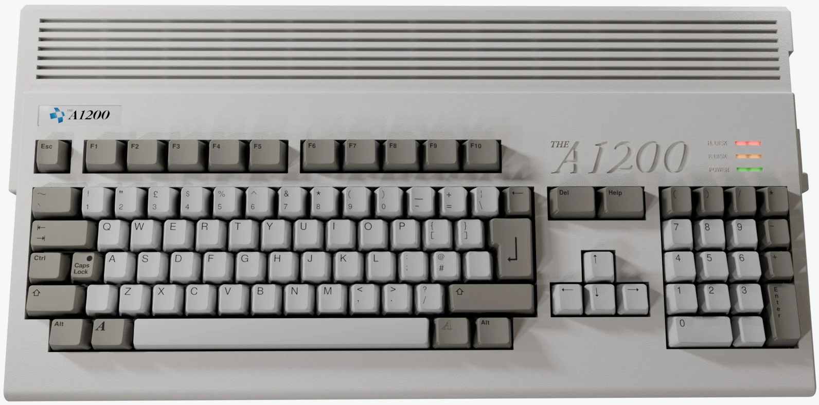 Clavier de l'ordinateur THEA1200 de Retro Games Ltd, portant encore l'inscription « THE A1200 » avant son passage à la marque Amiga