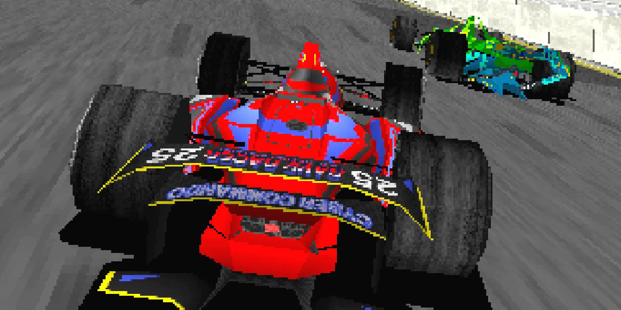 Visuel d'Ace Driver Victory Lap en gros plan : une monoplace rouge et bleue numérotée 25, vue de l'arrière, roule près d'une monoplace verte et bleue, sur une piste grise