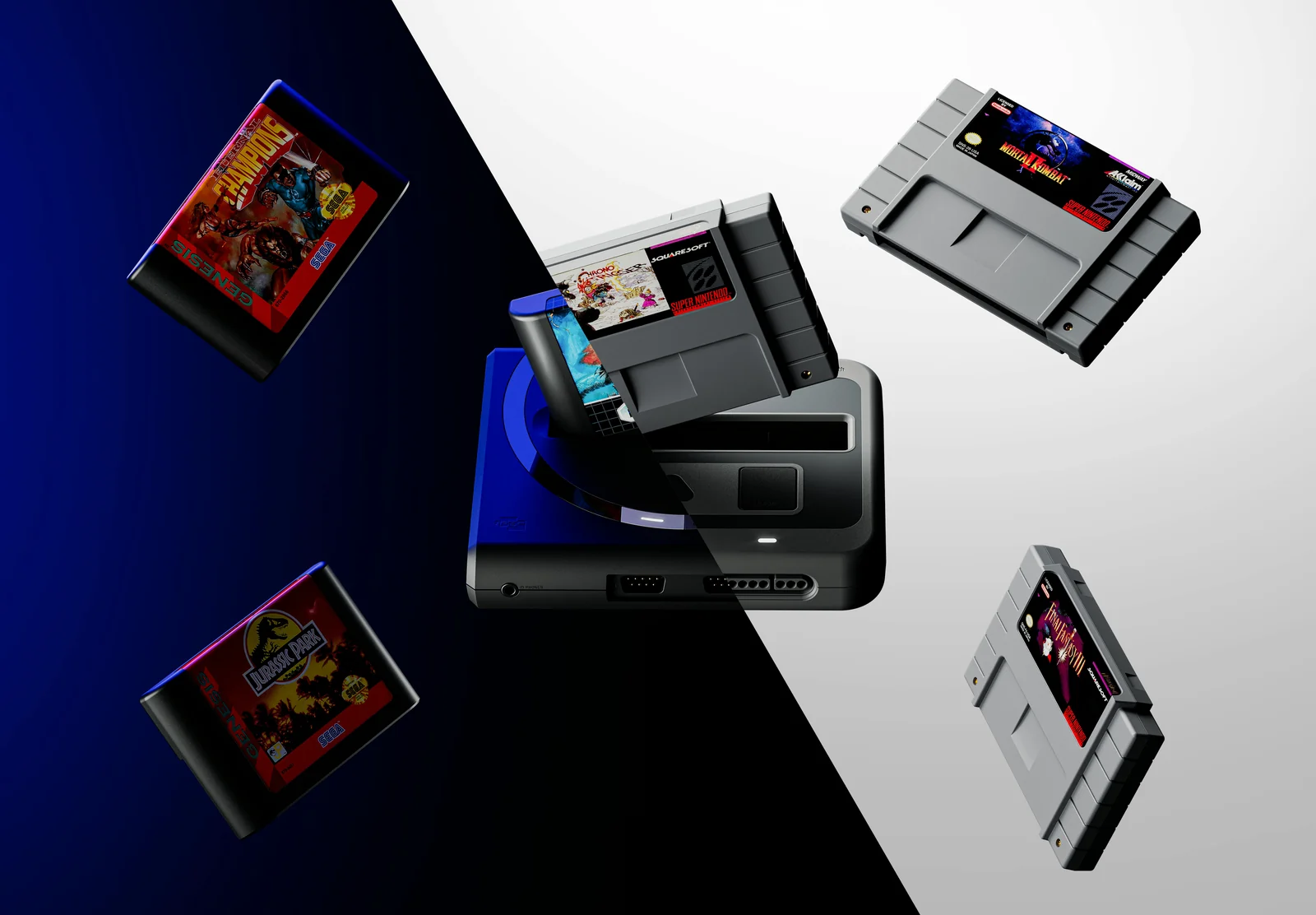 Visuel d'Analogue coupé en diagonale : à gauche, sur fond bleu nuit, une console noire éclairée de bleu portant une cartouche Genesis ; à droite, sur fond blanc, une console gris foncé portant une cartouche Super Nintendo ; des cartouches flottent autour