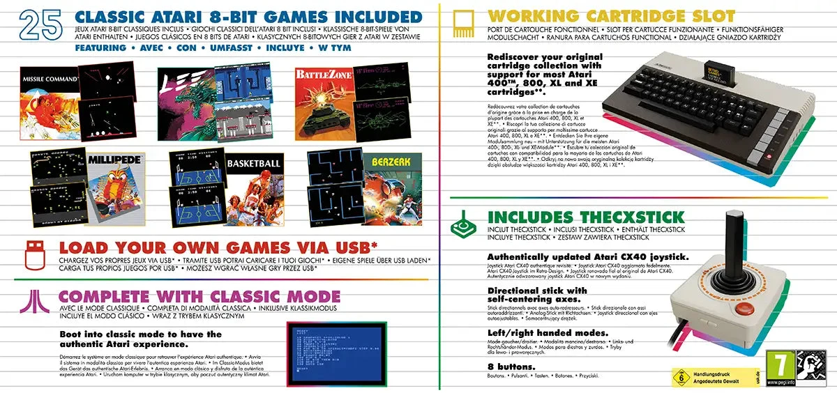 Le dos de la boîte : vignettes de Missile Command, Lee, BattleZone, Millipede, Basketball et Berzerk, et encadrés sur le chargement par USB, le mode classique, le port cartouche et le joystick THECXSTICK