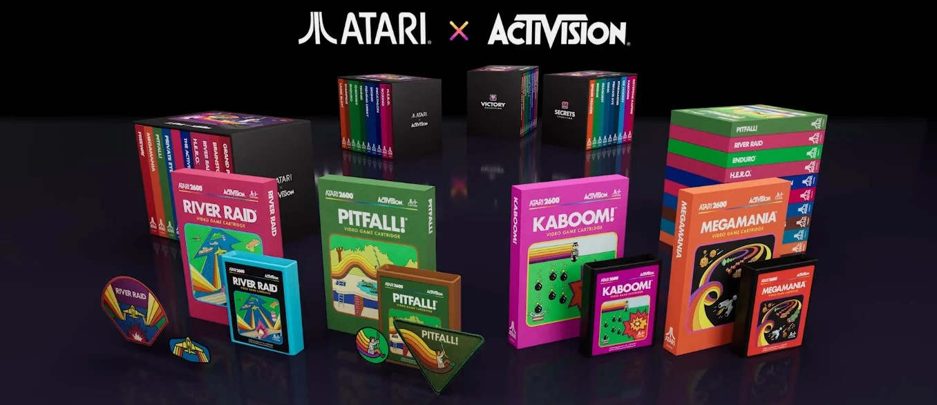 La gamme complète Atari x Activision Collection : cartouches, coffrets Deluxe et Complete Collection alignés