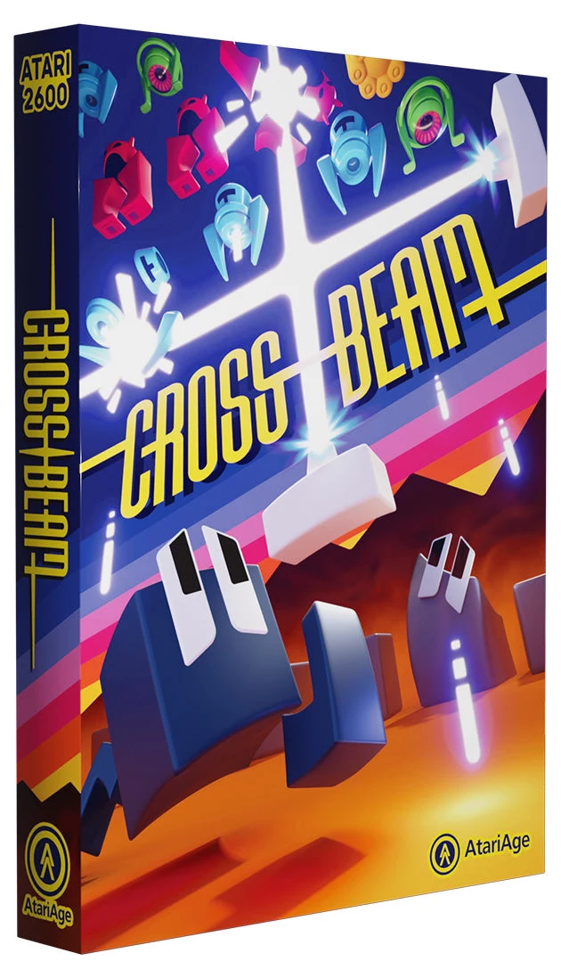 Rendu officiel de la boîte de Crossbeam pour Atari 2600 : deux faisceaux laser blancs se croisent au-dessus de deux canons, sur un fond orange et violet