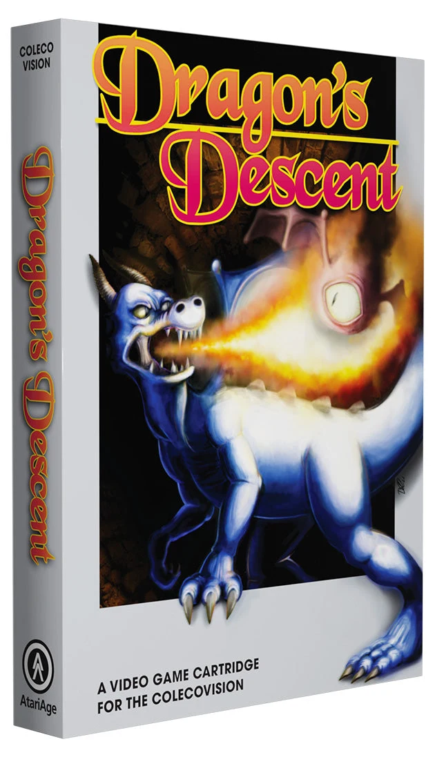 Rendu officiel de la boîte de Dragon's Descent pour ColecoVision : un dragon bleu crache des flammes sur fond noir