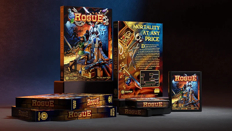 Rendu officiel de Rogue pour Atari 7800 : deux boîtes debout, vues de face et de dos, posées sur d'autres boîtes couchées, à côté de la cartouche