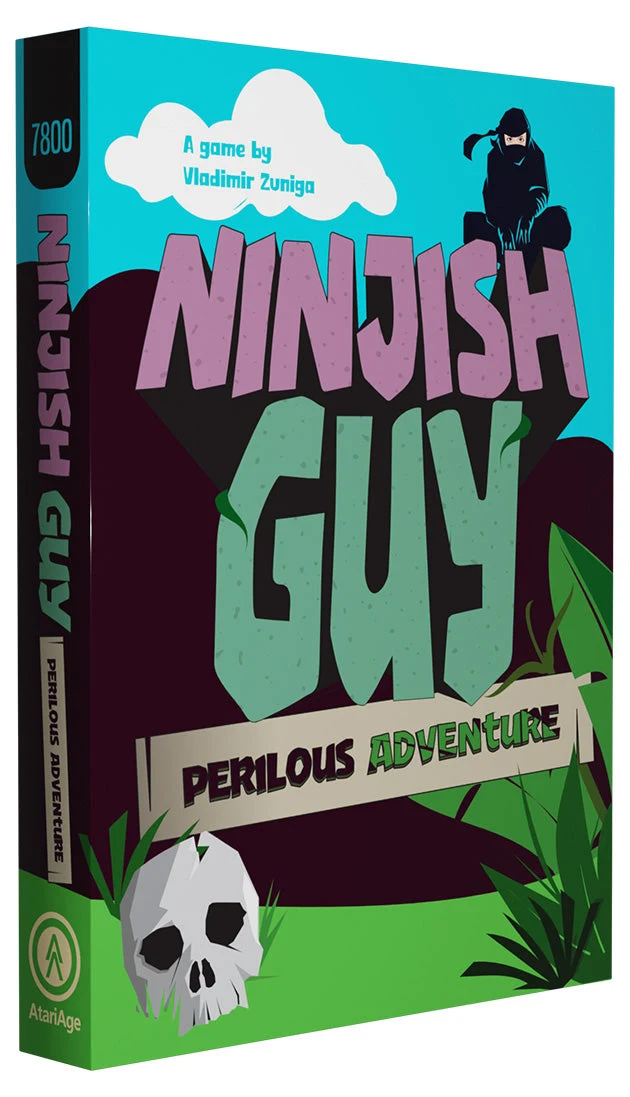 Rendu officiel de la boîte de Ninjish Guy Perilous Adventure pour Atari 7800 : le titre en grosses lettres roses et vertes, au-dessus d'un crâne et de feuillages