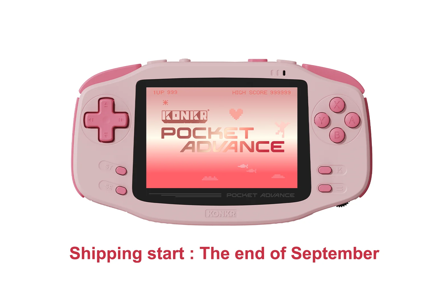 La console portable AYANEO Konkr Pocket Advance dans son coloris rose Peach, avec boîtier et boutons en deux tons de rose