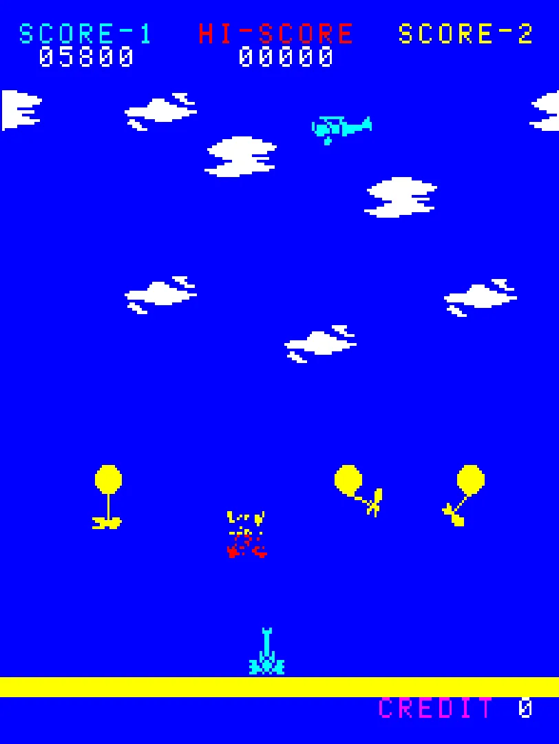 Capture : trois ballons jaunes et une explosion dans la moitié basse de l'écran, un avion en haut parmi les nuages