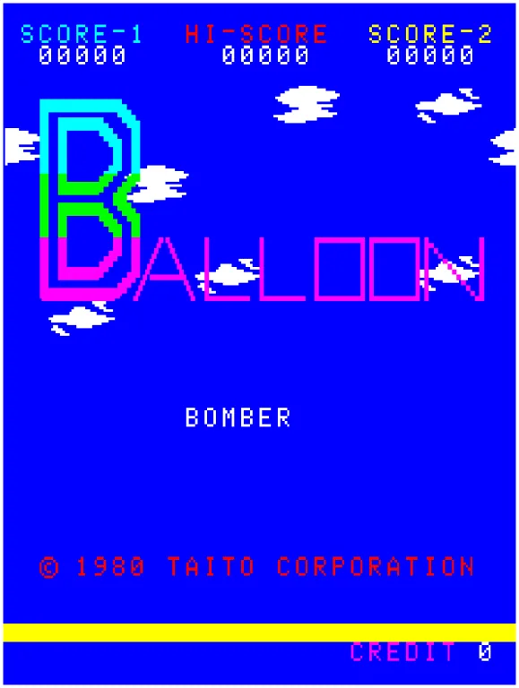 Capture : l'écran titre de Balloon Bomber, le mot BALLOON en grandes lettres de couleur sur un ciel bleu nuageux, la mention © 1980 TAITO CORPORATION en rouge