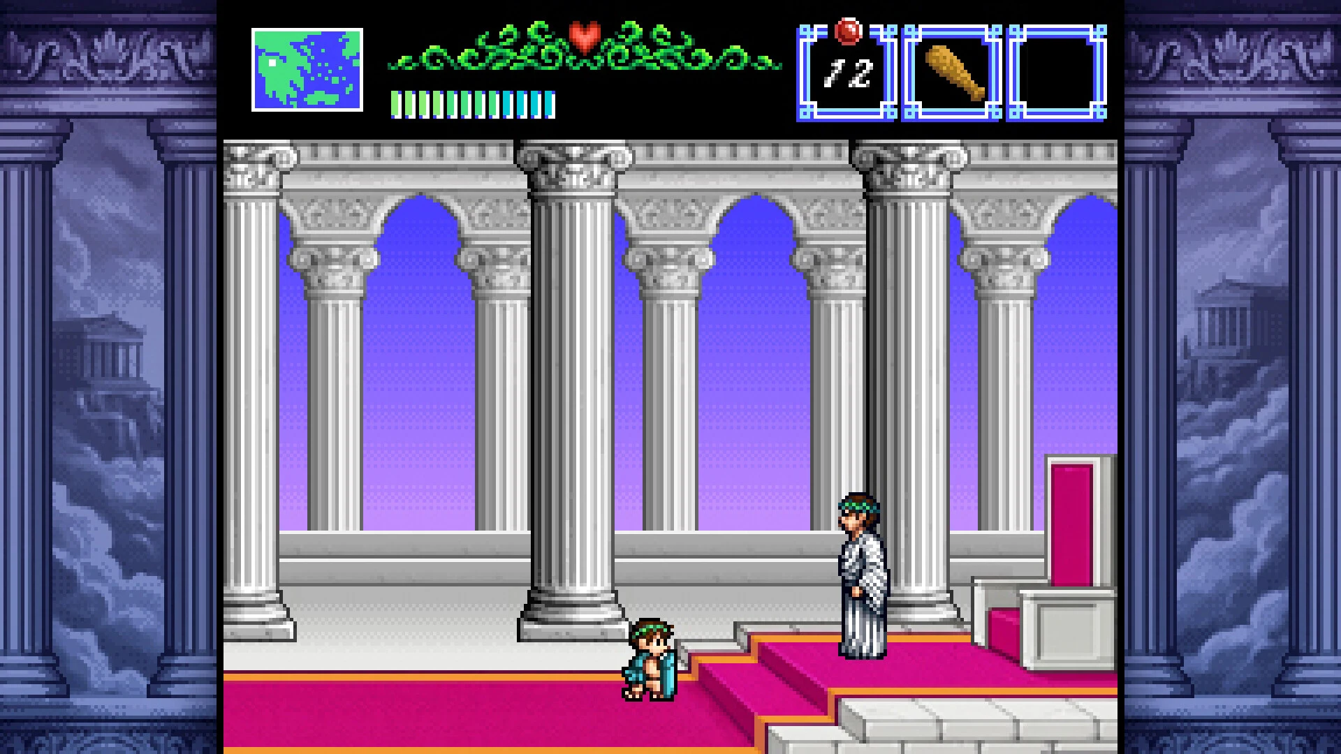 Capture d'écran officielle du remake de The Battle of Olympus montrant le héros agenouillé devant une statue dans une salle à colonnades roses et blanches