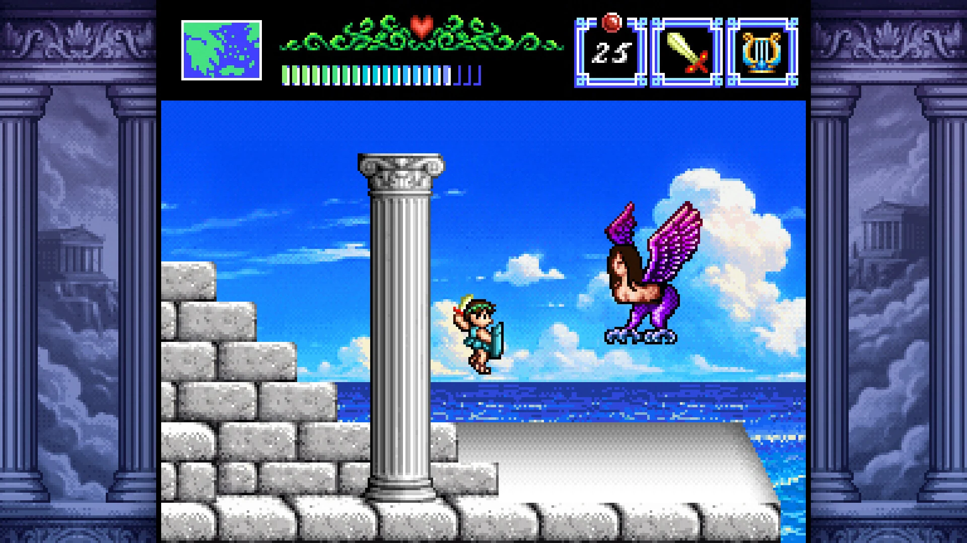 Capture du remake de The Battle of Olympus : le héros, épée et bouclier en main, bondit face à une créature ailée au-dessus de la mer
