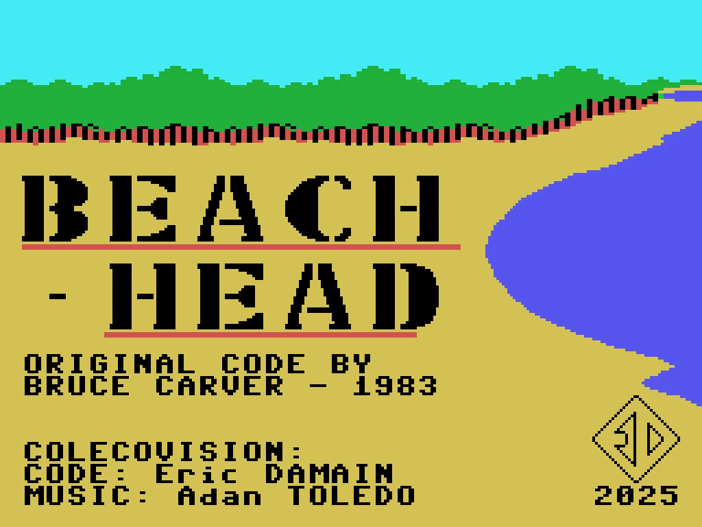 Écran-titre du jeu BeachHead sur ColecoVision, avec le logo du jeu et les crédits d'adaptation Eric Damain et Adan Toledo