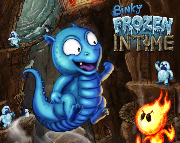 Illustration de couverture : Binky, dragon bleu au ventre annelé, bondit dans une caverne aux échelles de bois, entouré de yétis et de pingouins, face à une flamme vivante, avec le logo Binky Frozen in Time aux lettres glacées