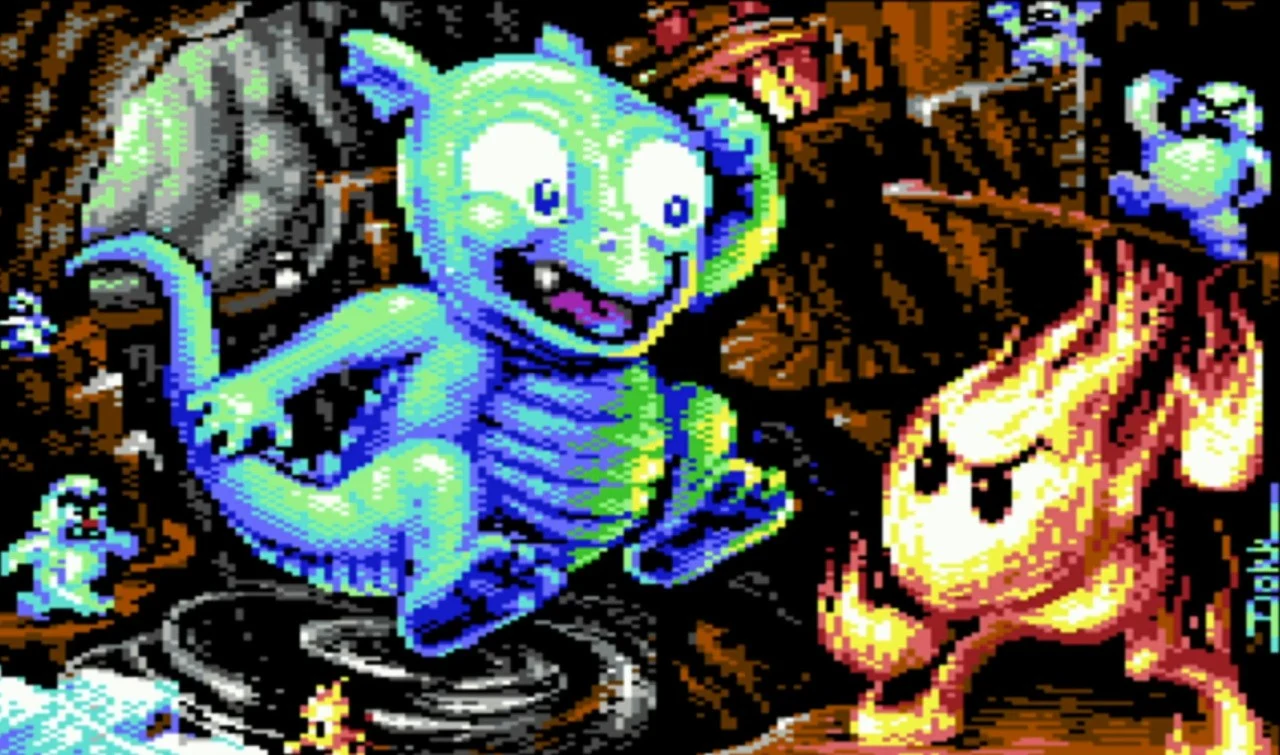 Illustration en pixels aux couleurs du Commodore 64 : Binky, petit dragon bleu aux grands yeux, sourit en courant sur une flaque gelée, face à une flamme vivante aux sourcils froncés, dans une caverne brune où l'on devine d'autres créatures, avec la signature Dokk en bas à droite