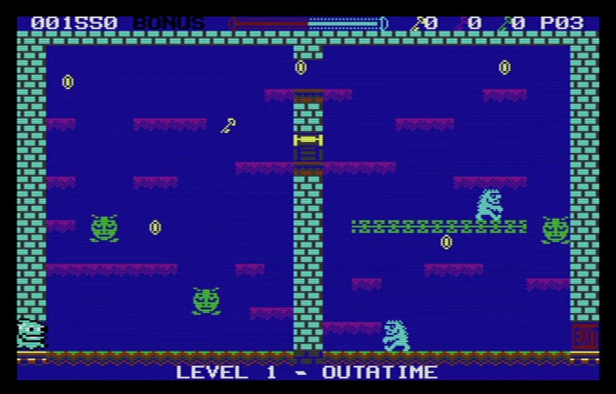Capture du jeu : un niveau sur fond bleu nuit, bordé de murs verts, avec des plateformes violettes, une colonne centrale, des ennemis verts, et la mention LEVEL 1 - OUTATIME en bas de l'écran