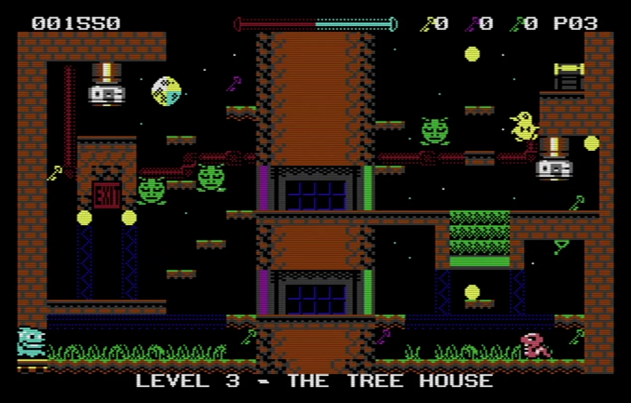 Capture du jeu : un niveau sur fond noir autour d'un grand tronc brun, avec des plateformes vertes et roses, des échelles et des ennemis, et la mention LEVEL 3 - THE TREE HOUSE en bas de l'écran