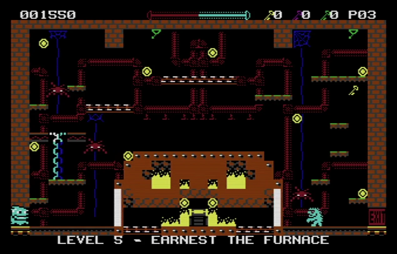 Capture du jeu : un niveau sur fond noir en briques brunes, avec au centre un fourneau aux flammes jaunes, des échelles, des plateformes et la mention LEVEL 5 - EARNEST THE FURNACE en bas de l'écran