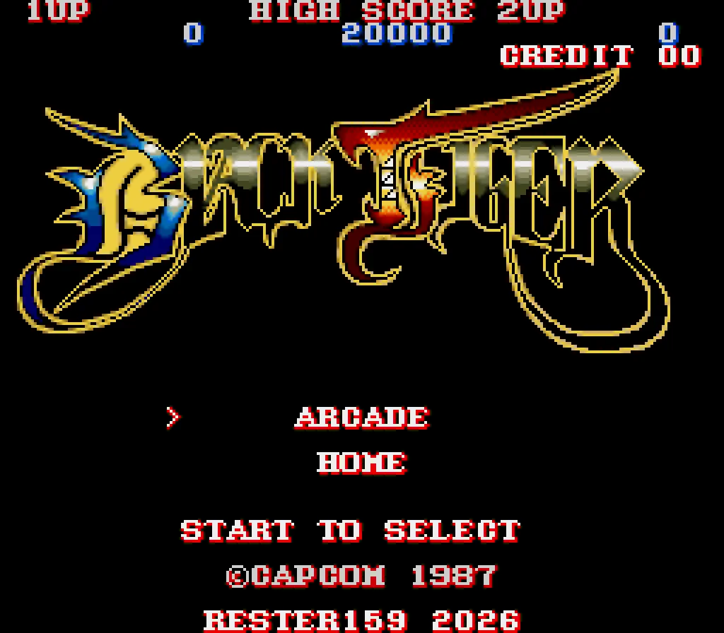 Capture du portage : l'écran titre de Black Tiger, logo doré sur fond noir, avec les choix ARCADE et HOME, la mention START TO SELECT, puis ©CAPCOM 1987 et RESTER159 2026