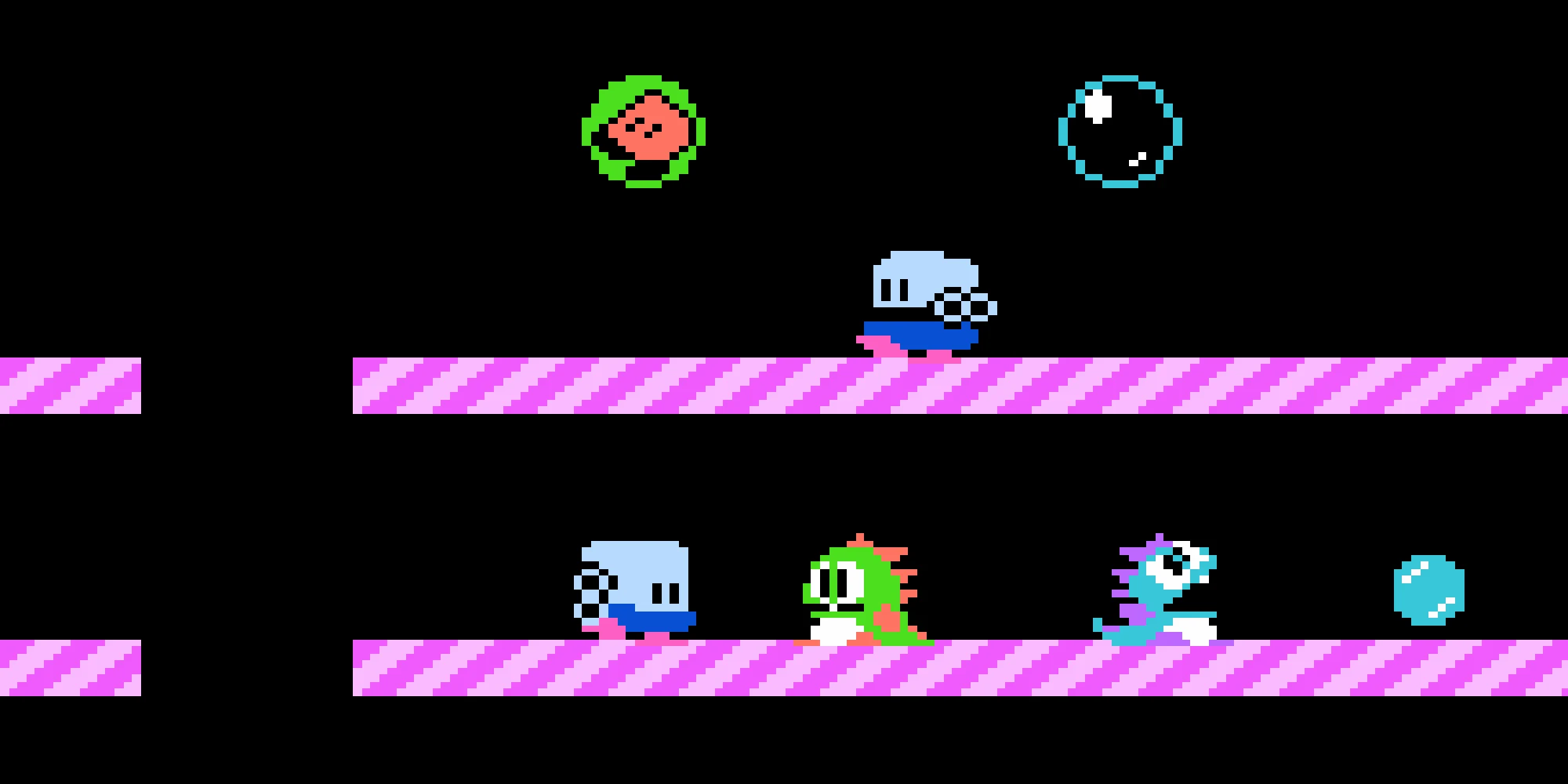 Illustration officielle montrant Bub et Bob, les deux dragons héros de Bubble Bobble, entourés d'une bulle verte et d'une bulle transparente