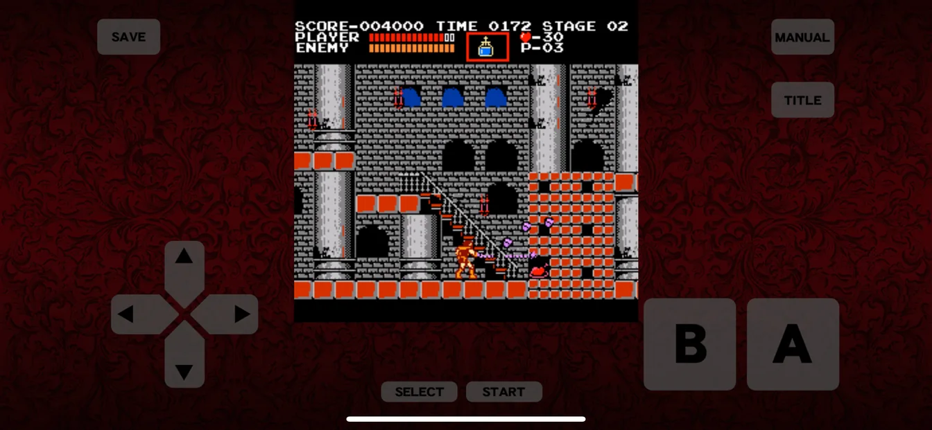 Capture de l'application : un passage du château en briques grises et rouges, avec des escaliers, des fenêtres bleues et plusieurs niveaux de plateformes, la mention STAGE 02 en haut de l'écran