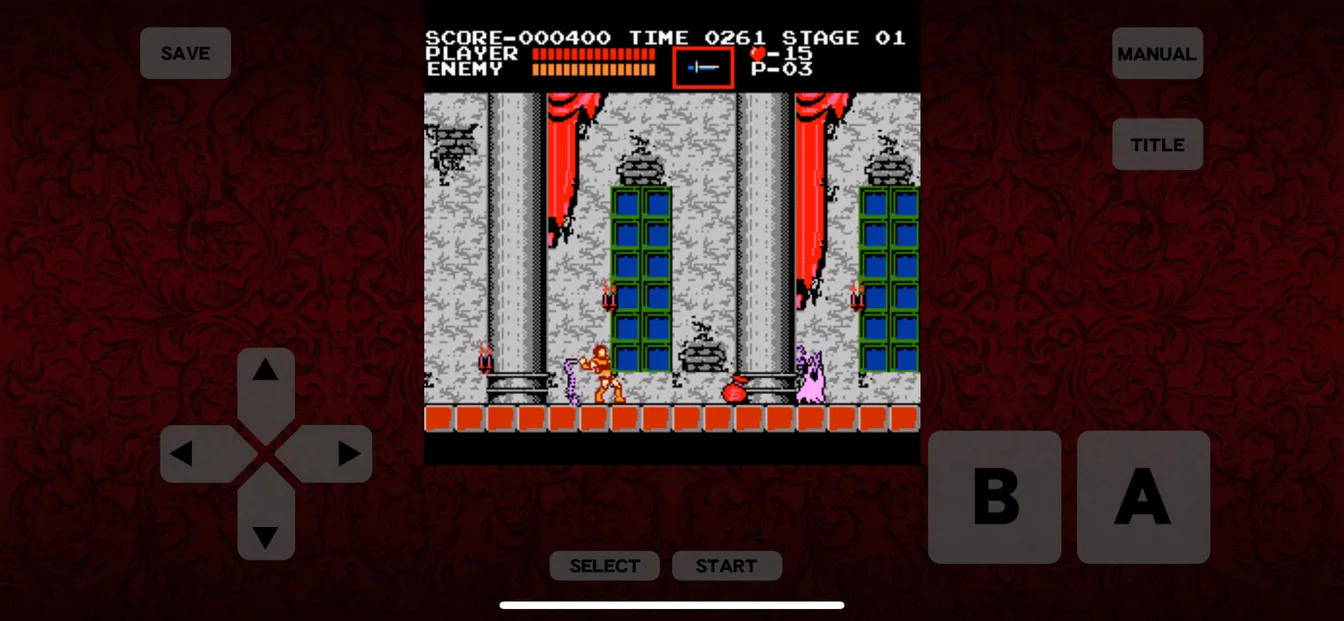 Capture de l'application : Simon Belmont dans une salle du château aux piliers gris et aux rideaux rouges, avec des fenêtres bleues et des chandeliers, le score et la mention STAGE 01 en haut de l'écran
