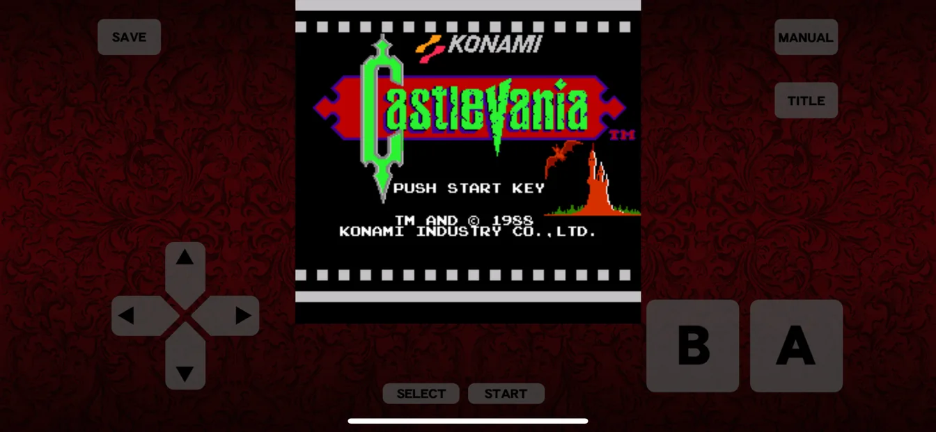 Capture de l'application : l'écran titre de Castlevania, avec le logo aux lettres vertes sur un bandeau rouge, la mention PUSH START KEY et TM AND © 1988 KONAMI INDUSTRY CO., LTD., entre une croix directionnelle à gauche et des boutons B et A à droite, sur fond rouge sombre