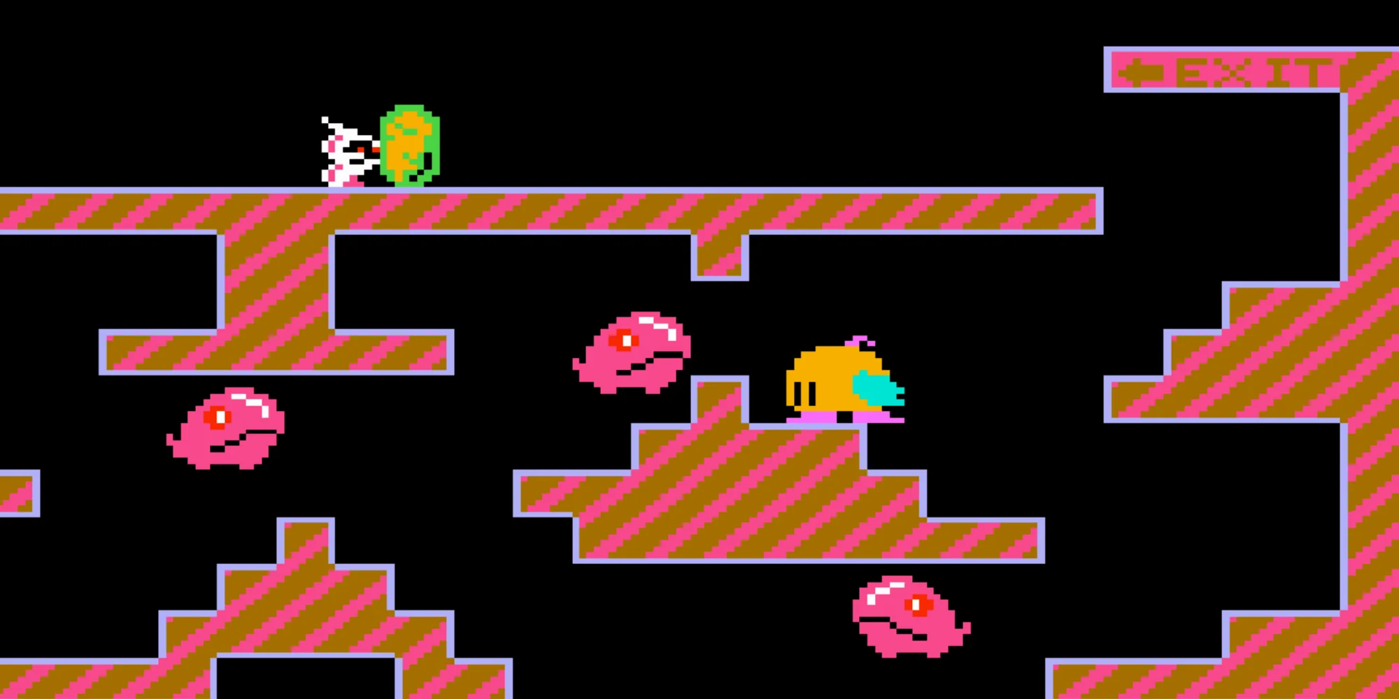 Visuel de Console Archives Chack'n Pop : Chack'n, petite créature jaune, au milieu de monstres roses dans un labyrinthe aux murs rayés, et un panneau EXIT en haut à droite