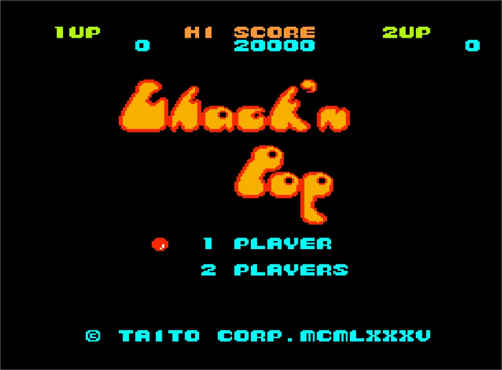 Écran titre de Chack'n Pop : le logo orange, les choix 1 PLAYER et 2 PLAYERS et la mention © TAITO CORP. MCMLXXXV