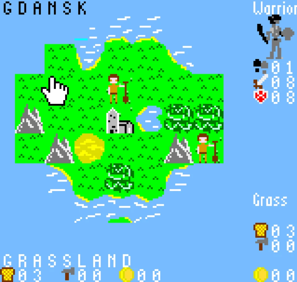 Capture de Civilisation Pocket : une île verte sur fond bleu, avec la ville de Gdansk, deux personnages et un curseur en forme de main