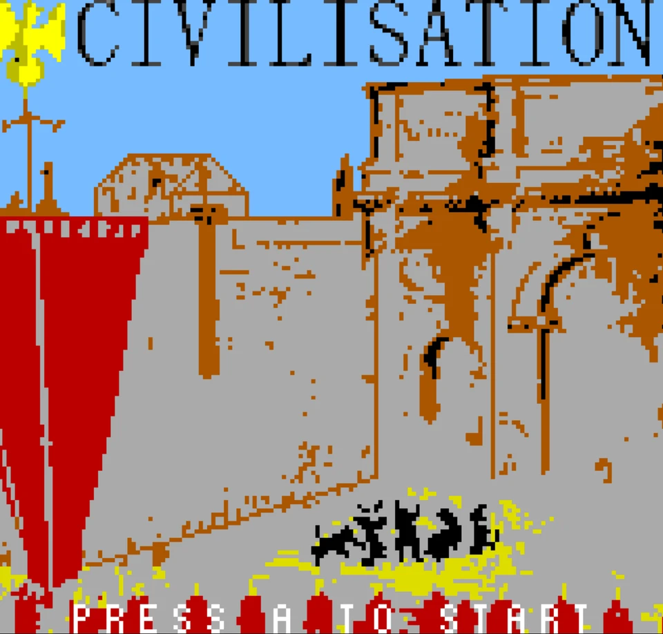 Écran titre de Civilisation Pocket : le mot CIVILISATION en haut, au-dessus d'une muraille grise dessinée en gros pixels, avec la mention PRESS A TO START