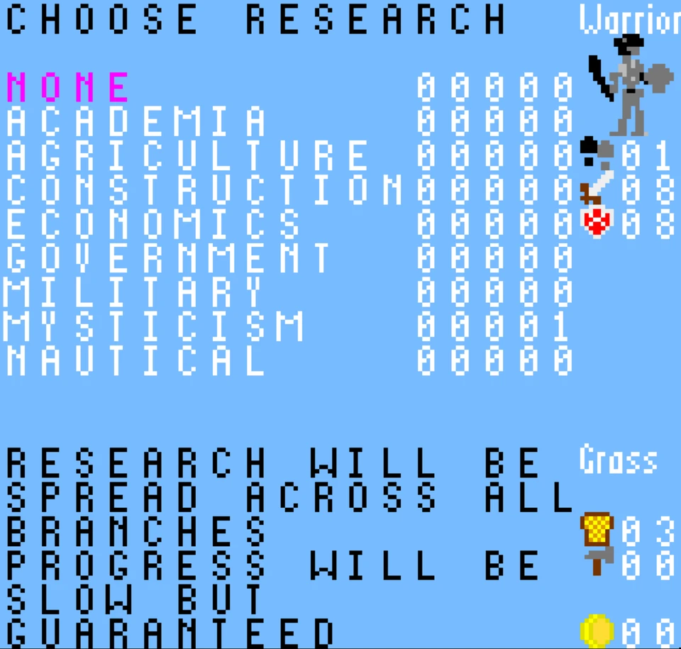 Capture de Civilisation Pocket : l'écran CHOOSE RESEARCH, qui liste huit domaines de recherche sous l'option NONE