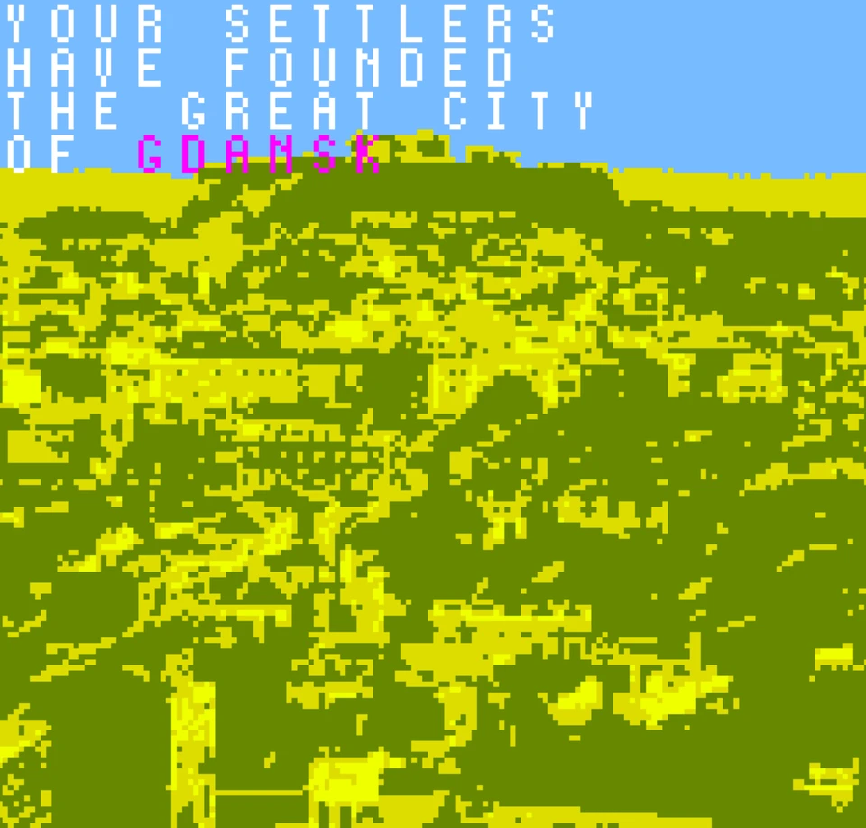 Capture de Civilisation Pocket : le message YOUR SETTLERS HAVE FOUNDED THE GREAT CITY OF GDANSK sur une vue de ville en jaune et vert