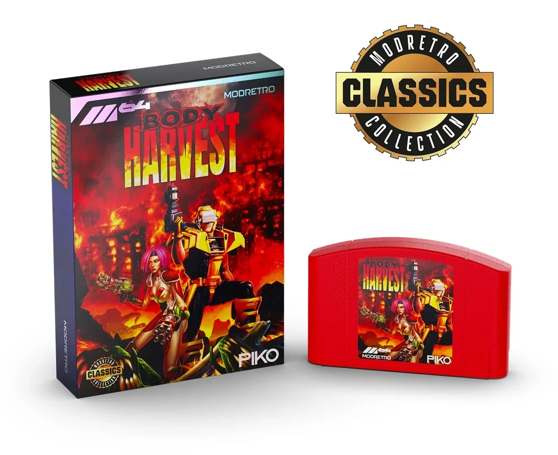 Rendu de la boîte de Body Harvest, avec un soldat en armure jaune et une femme armée devant une ville en flammes, posée à côté d'une cartouche rouge au même visuel et d'une pastille dorée ModRetro Classics Collection