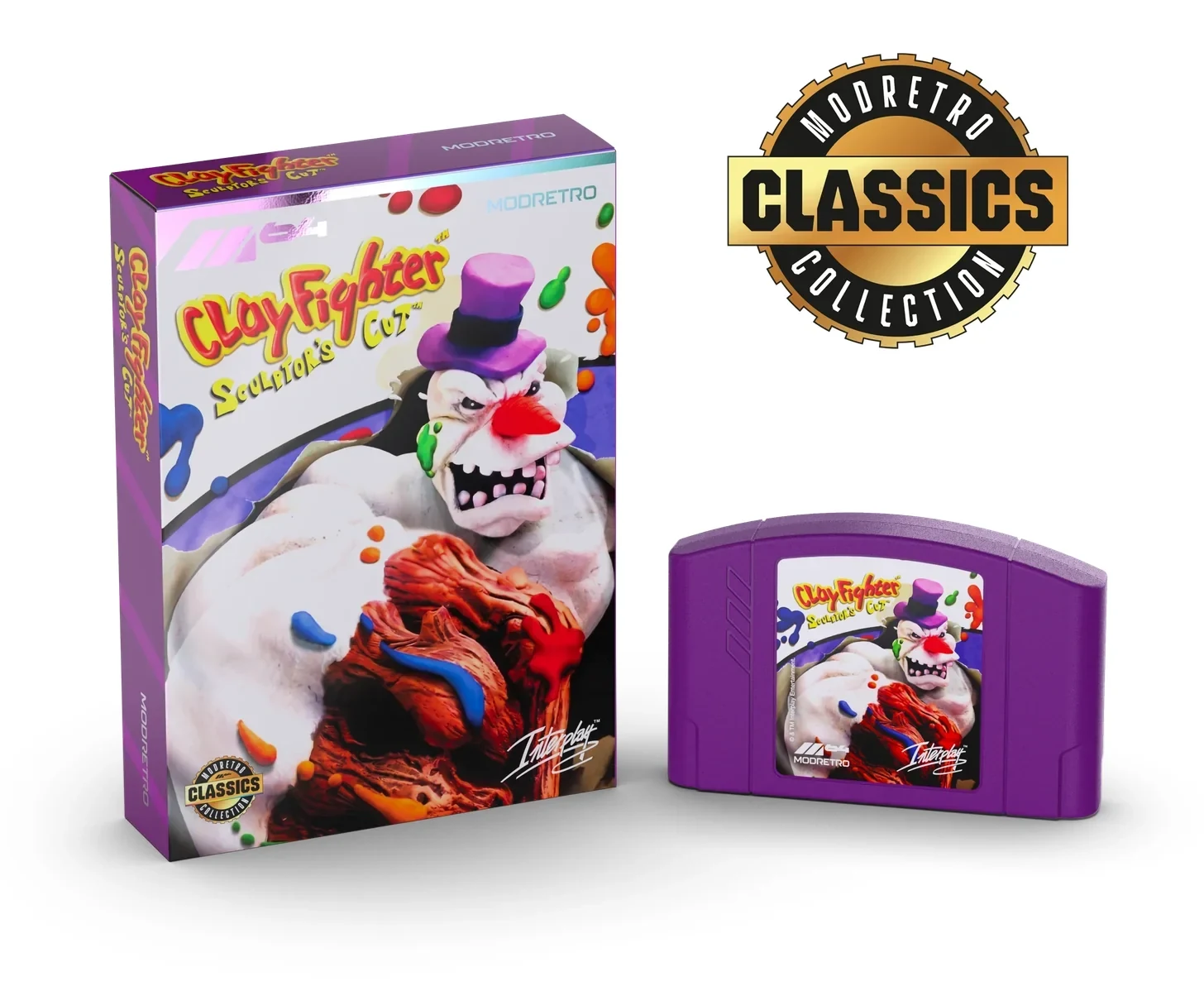 Rendu de la boîte violette de ClayFighter Sculptor's Cut, avec un clown en pâte à modeler, posée à côté d'une cartouche violette au même visuel et d'une pastille dorée ModRetro Classics Collection