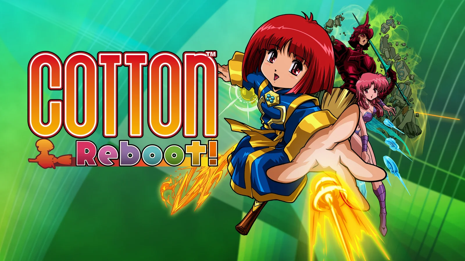Illustration de Cotton Reboot! : une jeune sorcière aux cheveux rouges en robe bleue tend la main vers le spectateur, deux autres personnages derrière elle, à droite du logo Cotton Reboot! sur fond vert
