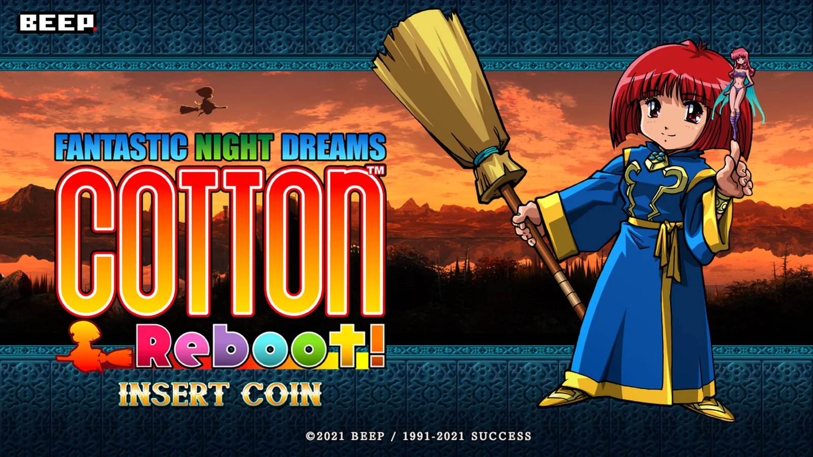 Écran titre de Cotton Reboot! : le logo Fantastic Night Dreams Cotton Reboot!, la mention Insert Coin et la sorcière tenant un balai sur fond de coucher de soleil