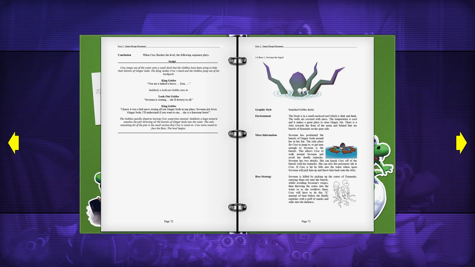 Capture officielle : un classeur ouvert à l'écran, avec deux pages de texte et des croquis d'un personnage