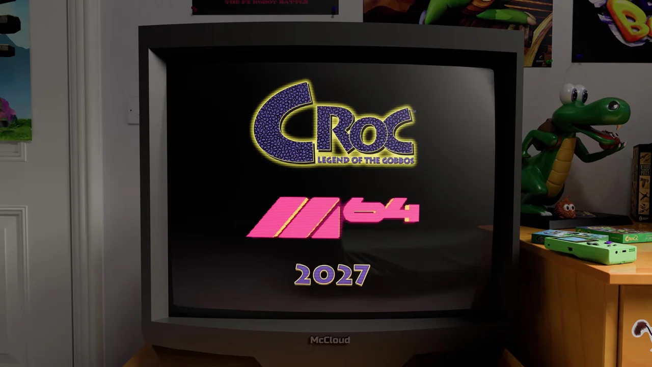 Image de la vidéo d'Argonaut : sur un téléviseur cathodique, le logo de Croc Legend of the Gobbos, le logo M64 et l'année 2027