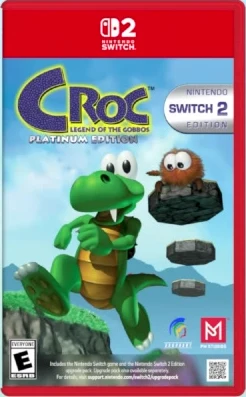 Image de la vidéo d'Argonaut : la boîte Switch 2 de Croc Legend of the Gobbos Platinum Edition, Nintendo Switch 2 Edition, avec les logos ESRB E et PM Studios