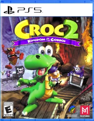 Image de la vidéo d'Argonaut : la boîte PS5 de Croc 2 Kingdom of the Gobbos, avec les logos ESRB E, Argonaut et PM Studios
