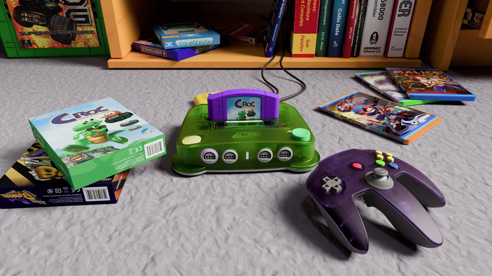 Image de la vidéo d'Argonaut : une cartouche violette de Croc insérée dans une console verte translucide, posée sur une moquette à côté d'une boîte de Croc et d'une manette violette