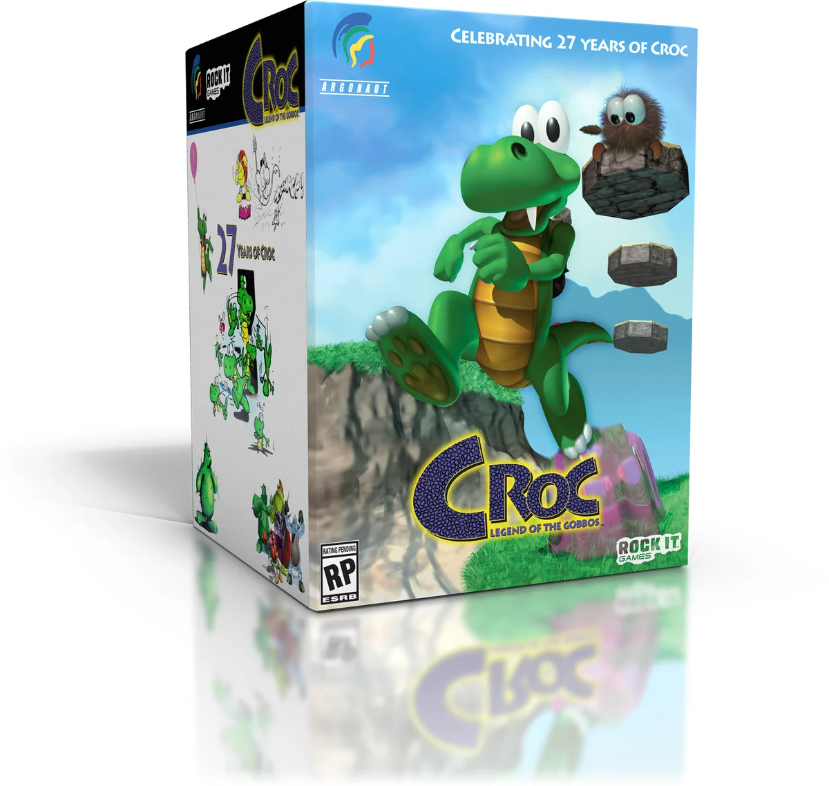 Rendu d'un coffret illustré de Croc, un crocodile vert sur un rocher, avec la mention Celebrating 27 years of Croc