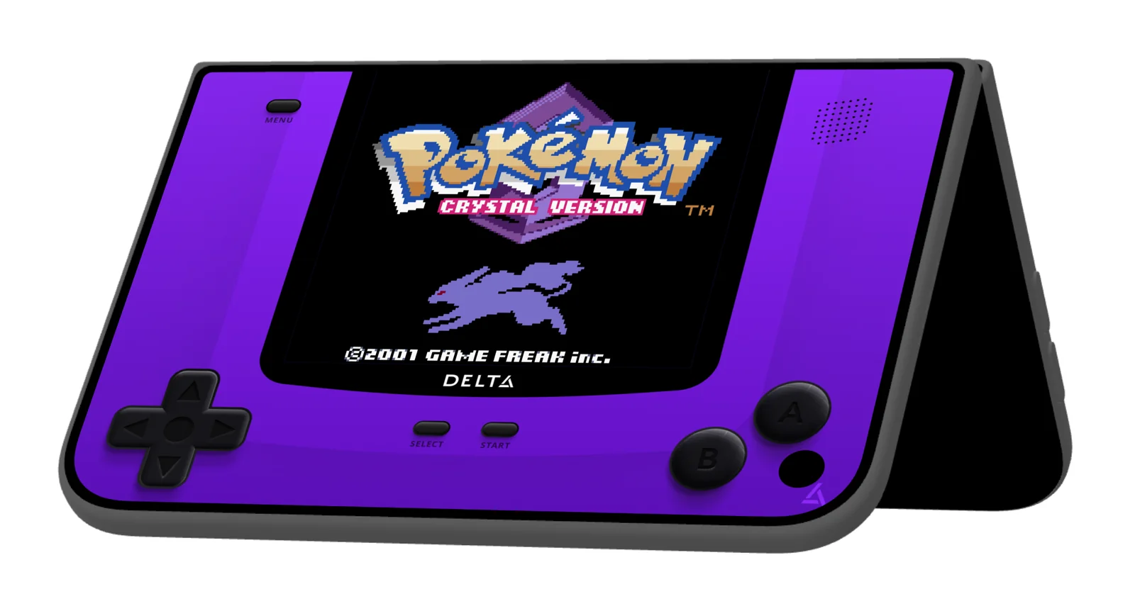 Un appareil plié en deux qui affiche l'écran titre de Pokémon Version Cristal au-dessus d'une manette violette de style Game Boy dessinée à l'écran
