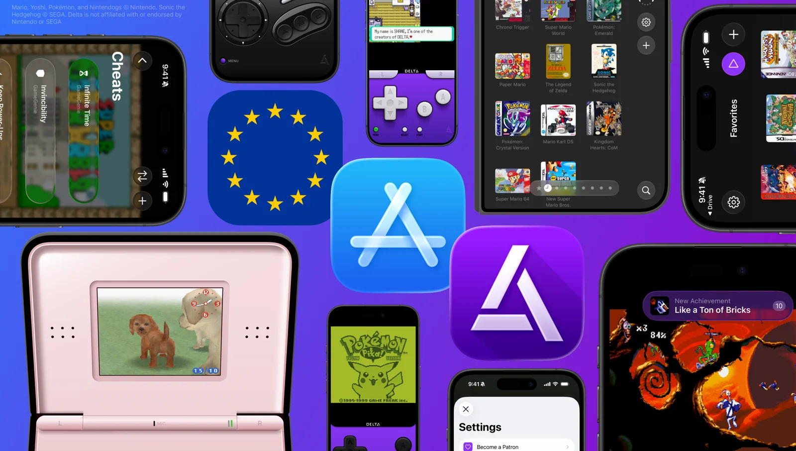Montage sur fond violet : le drapeau de l'Union européenne, l'icône de l'App Store et celle de Delta, entourés d'écrans d'iPhone qui montrent une bibliothèque de jaquettes, des codes de triche, un écran titre de Pokémon et une notification de succès
