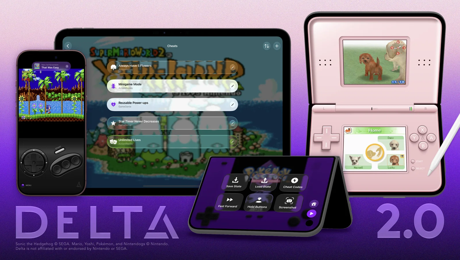 Visuel de Delta 2.0 sur fond violet : un iPhone qui affiche Sonic the Hedgehog au-dessus d'une manette Mega Drive dessinée à l'écran, un iPad qui montre un menu de codes de triche sur Super Mario World 2: Yoshi's Island, un appareil plié avec des boutons de sauvegarde, et un appareil à clapet rose qui affiche deux écrans, avec un stylet, au-dessus des mots DELTA et 2.0