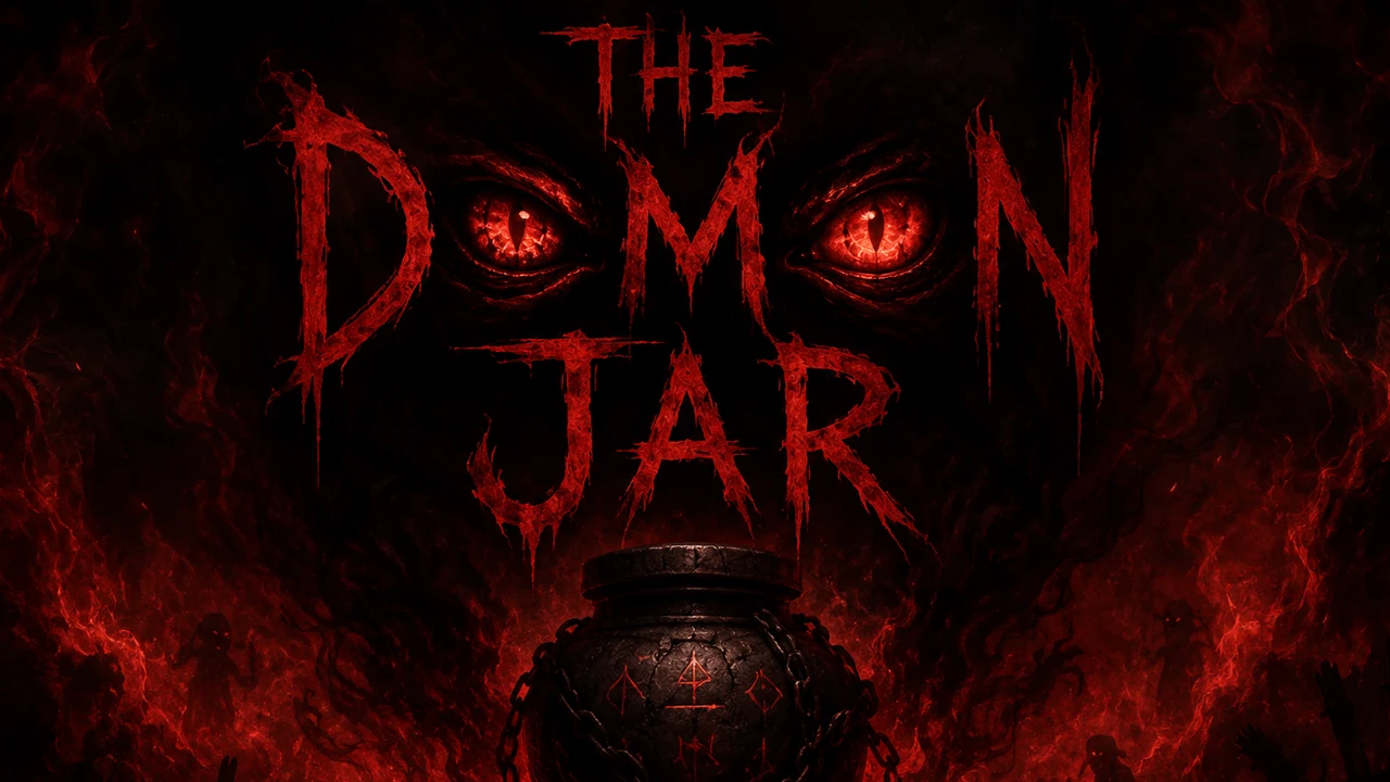 Illustration de couverture de The Demon Jar montrant un bocal noir couvert de chaînes et de symboles occultes, entouré de flammes rouges et d'yeux démoniaques, sous le titre du jeu en lettres gothiques