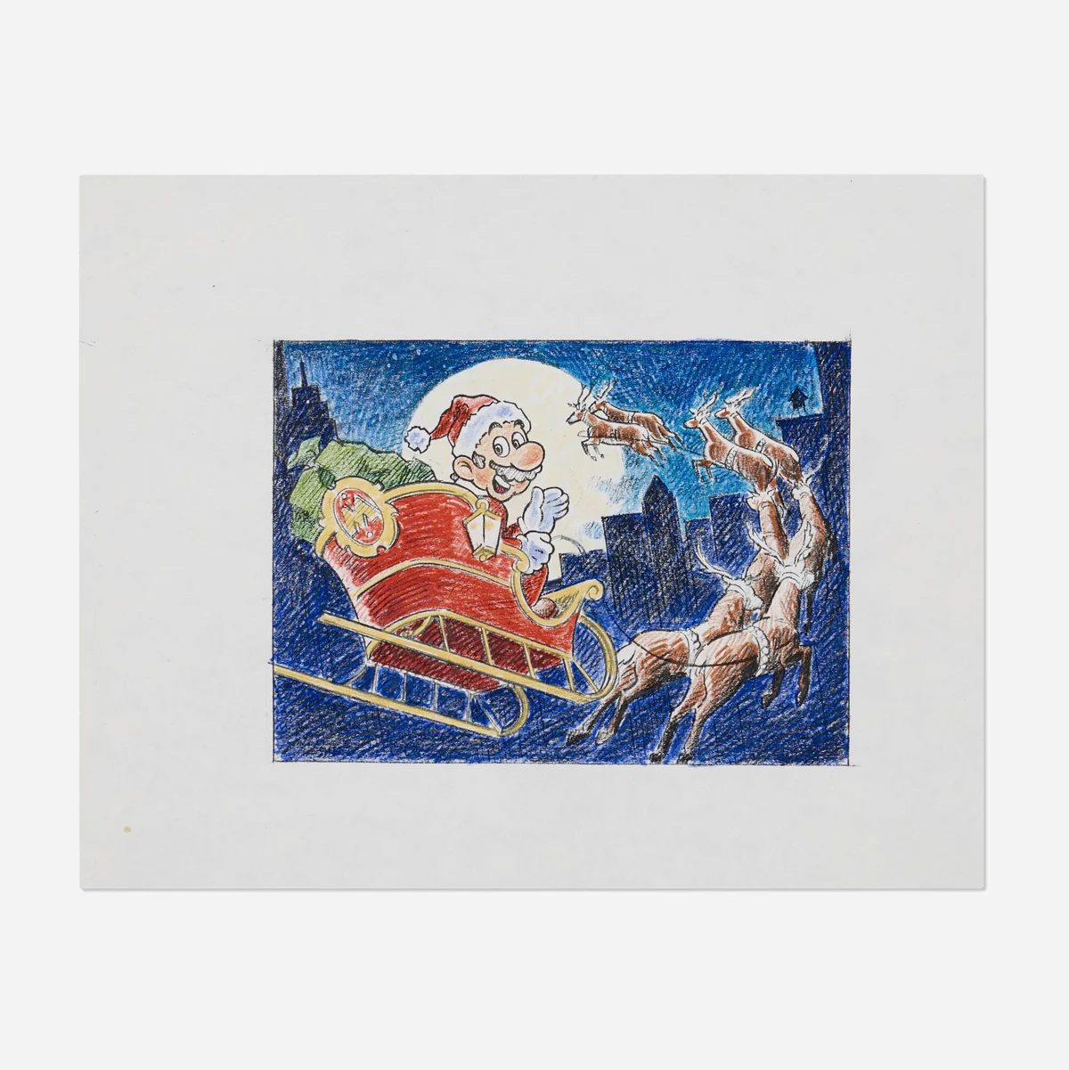 Dessin en couleurs : un personnage en bonnet rouge dans un traîneau tiré par des rennes, devant une grande lune et des immeubles, sur un ciel bleu nuit