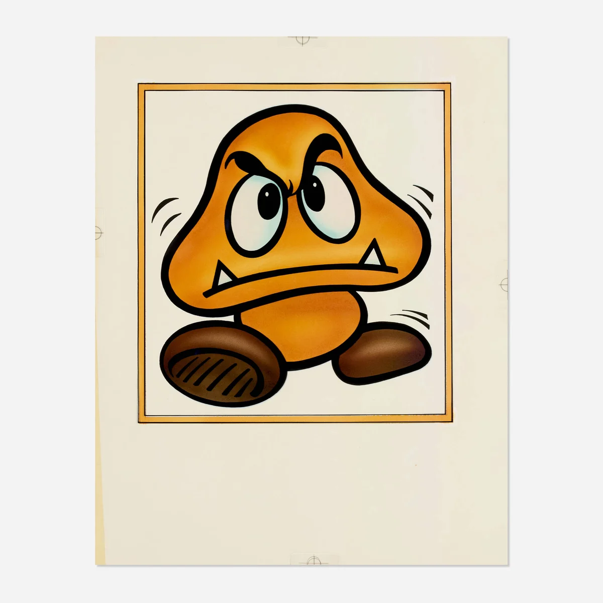 Illustration d'un Goomba, le champignon brun aux sourcils froncés de Super Mario Bros., dans un cadre doré