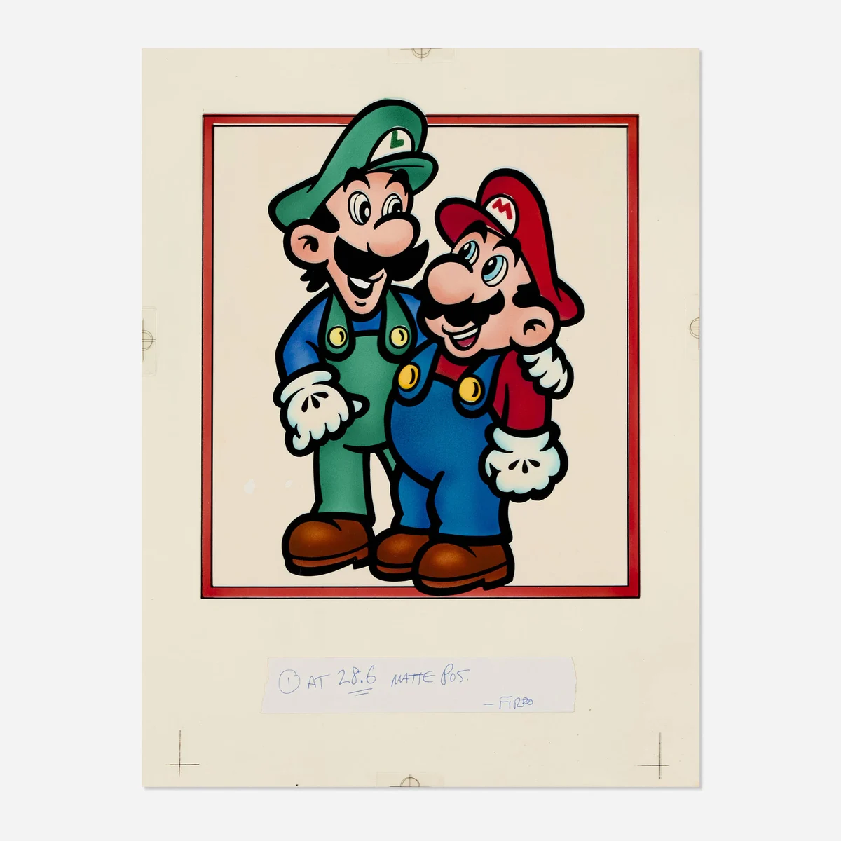 Illustration de Mario et Luigi côte à côte, souriants, dans un cadre rouge, avec une annotation manuscrite en dessous
