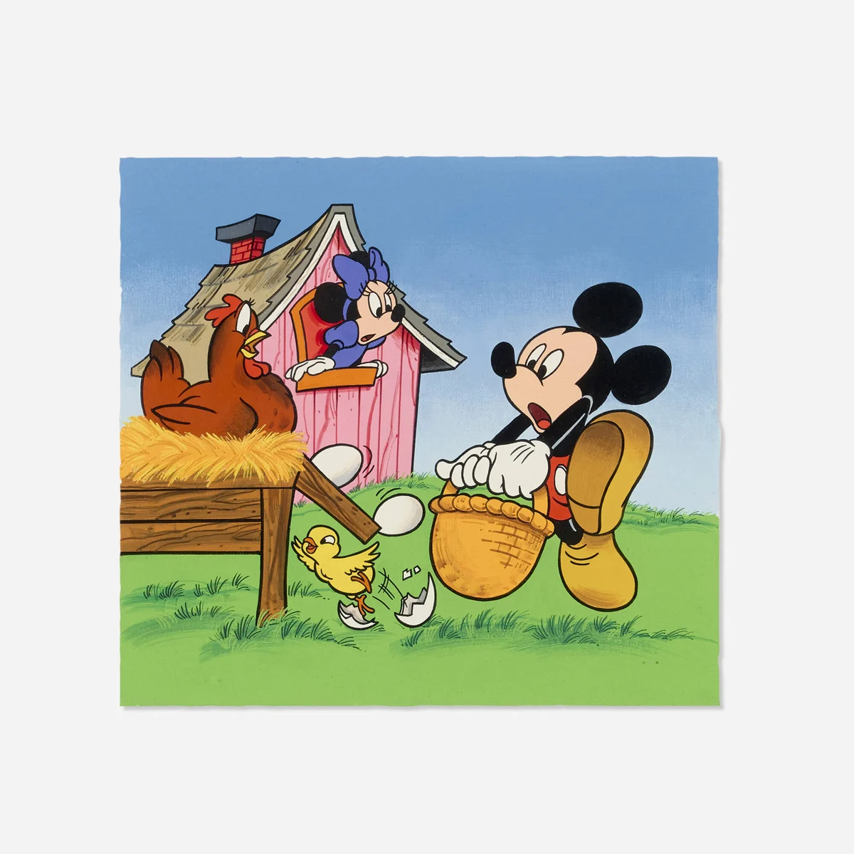 Illustration à la gouache : Mickey, panier à la main, devant une maison rose à cheminée où apparaît Minnie, à côté d'une poule qui couve sur un nichoir de paille, avec un poussin et des œufs dans l'herbe
